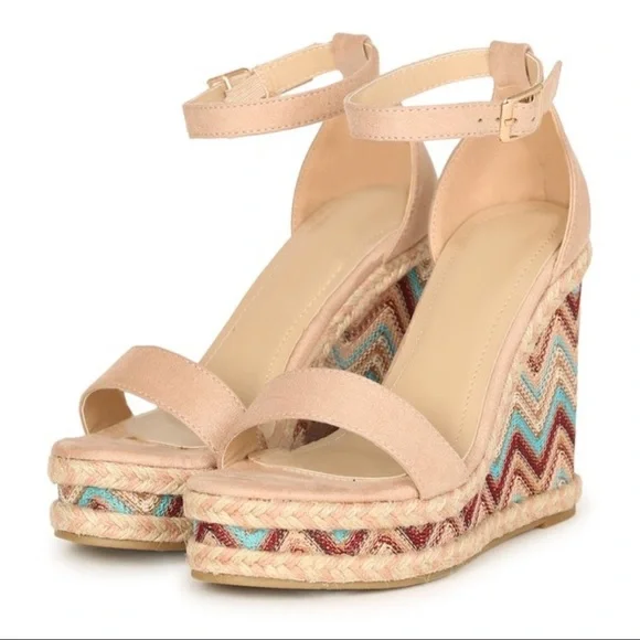 NUDE BOHO MULTI-COLOR WOVEN UNIQUE AZTEC STYLE PRINT ESPADRILLE WEDGE HE… - Picture 3 of 3